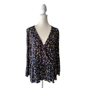 LOFT Women's L Navy Floral Print Faux Wrap V-Neck‎ Long Sleeve Peplum Hem Blouse